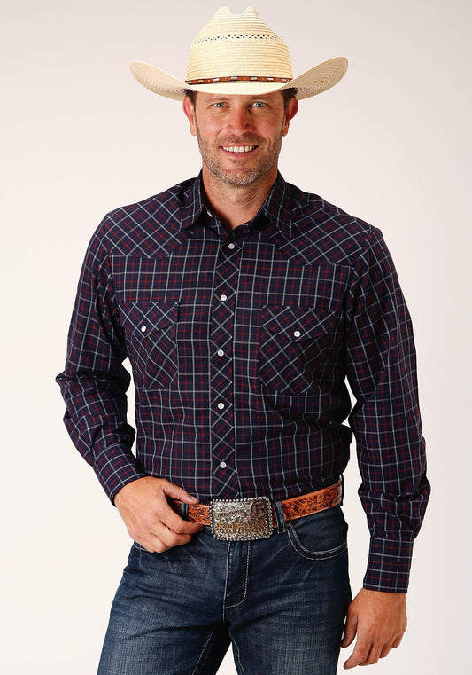 Roper Mens Long Sleeve Snap Navy  Red  White Windowpane Plaid Western Shirt - Roper