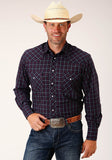 Roper Mens Long Sleeve Snap Navy  Red  White Windowpane Plaid Western Shirt - Roper