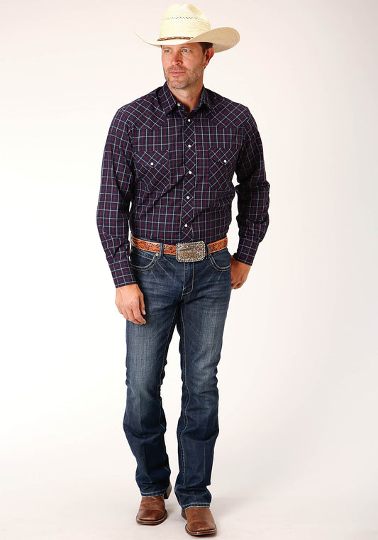 Roper Mens Long Sleeve Snap Navy  Red  White Windowpane Plaid Western Shirt - Roper