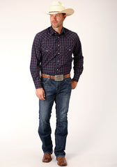 Roper Mens Long Sleeve Snap Navy  Red  White Windowpane Plaid Western Shirt - Roper