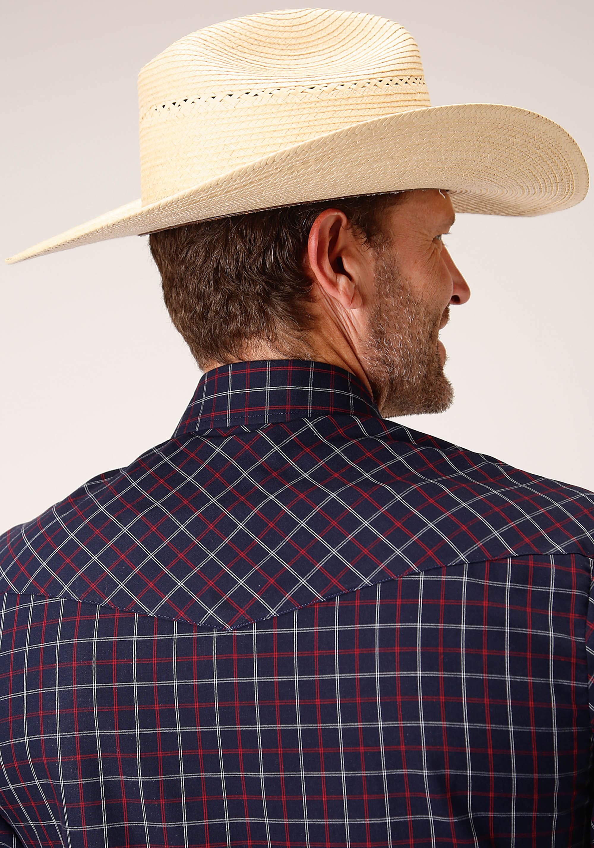 Roper Mens Long Sleeve Snap Navy  Red  White Windowpane Plaid Western Shirt - Roper