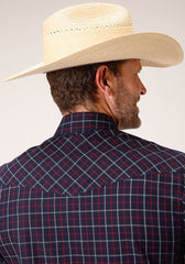 Roper Mens Long Sleeve Snap Navy  Red  White Windowpane Plaid Western Shirt - Roper