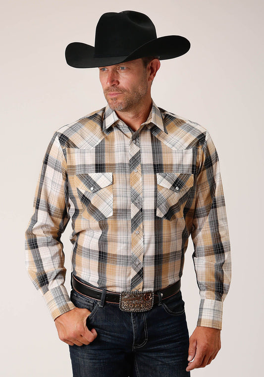 Roper Mens Long Sleeve Snap Black  Khaki  White Plaid Western Shirt - Roper