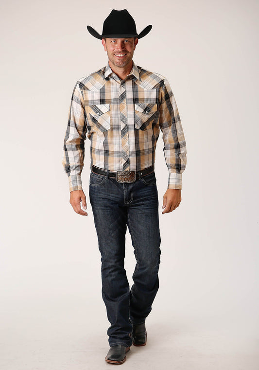 Roper Mens Long Sleeve Snap Black  Khaki  White Plaid Western Shirt - Roper
