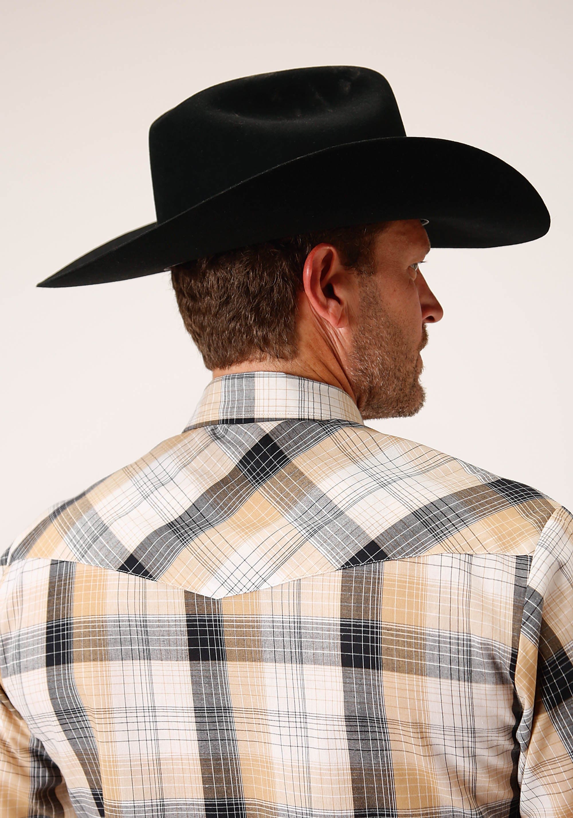 Roper Mens Long Sleeve Snap Black  Khaki  White Plaid Western Shirt - Roper
