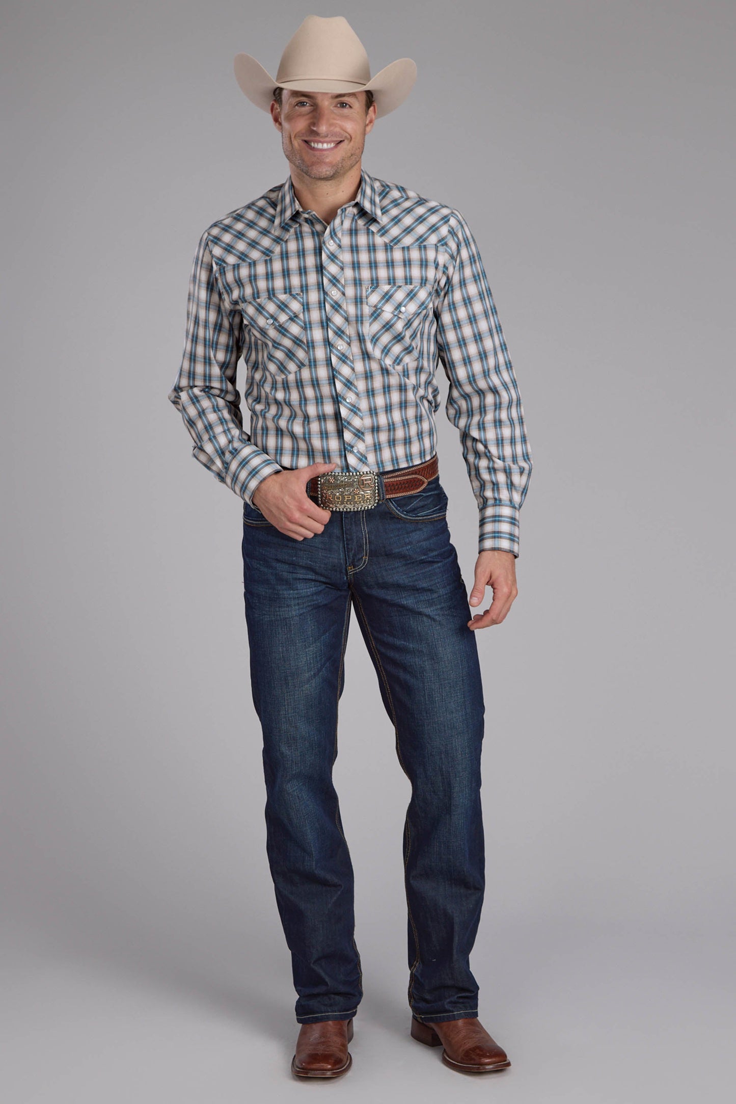 Roper Mens Turquoise Plaid Long Sleeve Snap Western Shirt