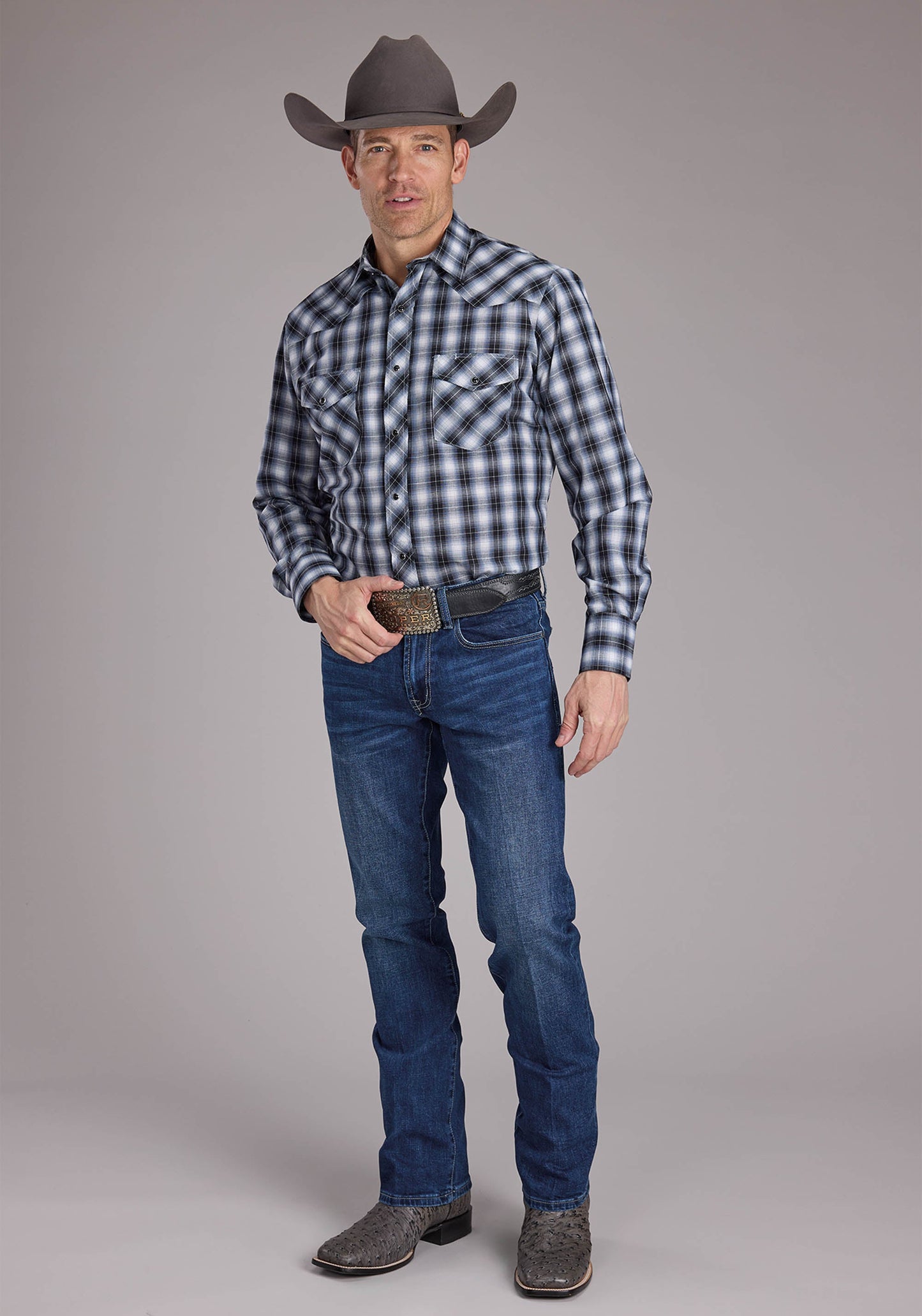Roper Mens Black Plaid Long Sleeve Snap Western Shirt