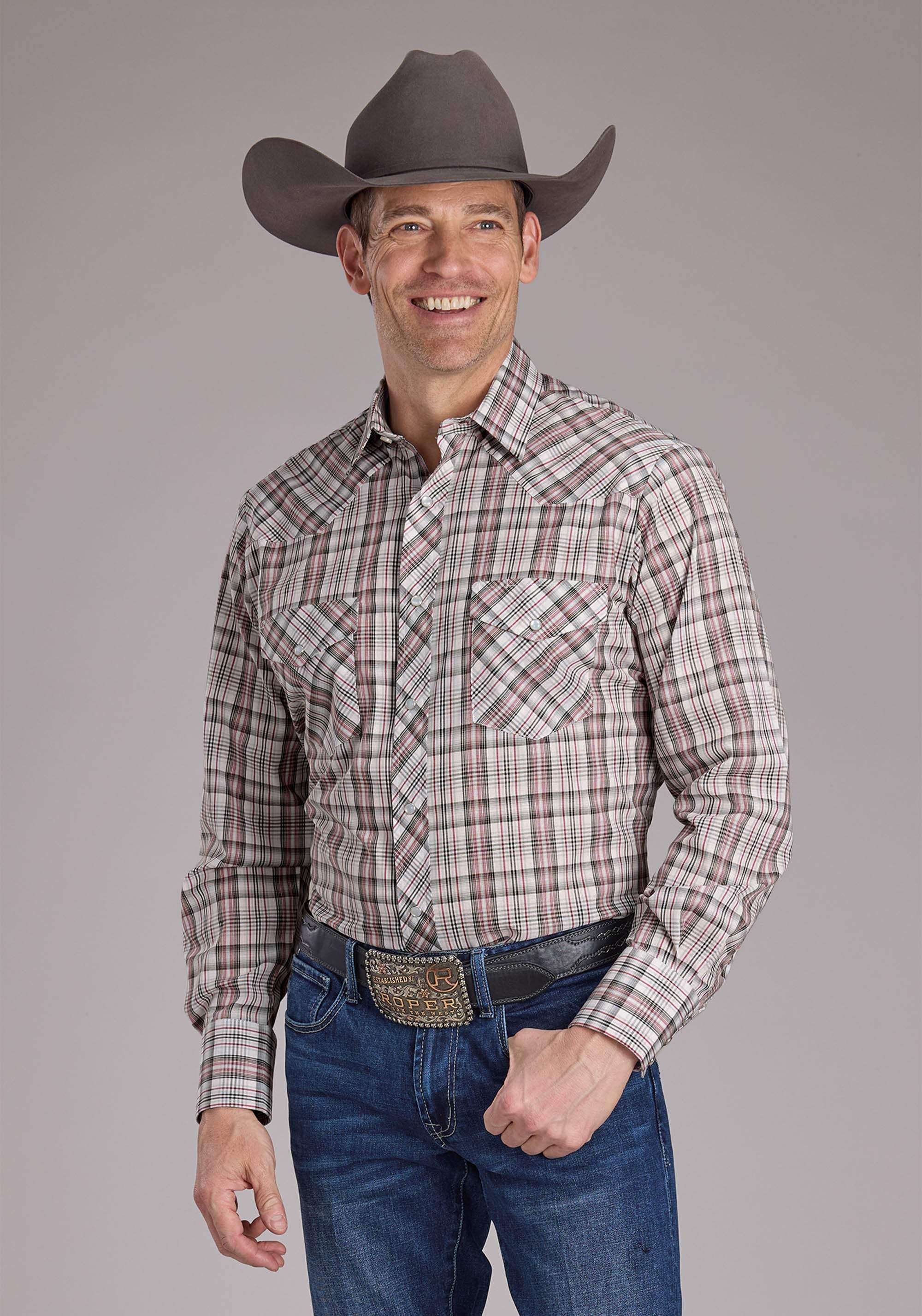 Roper Mens White Red And Gray Plaid Long Sleeve Snap Western Shirt - Roper - Flyclothing LLC