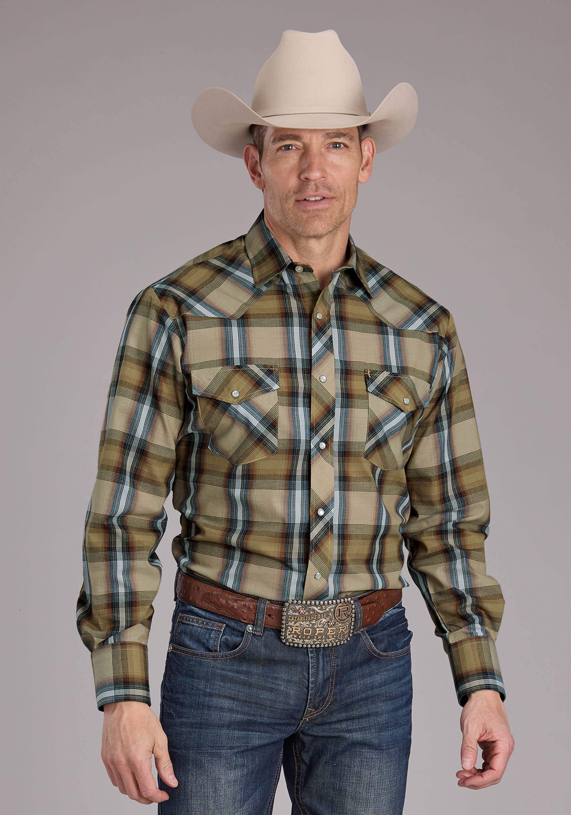 Roper Mens Tan Plaid Long Sleeve Snap Western Shirt - Roper - Flyclothing LLC