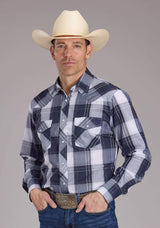 Roper Mens Navy And White Windowpane Plaid Long Sleeve Snap Western Shirt - Roper - Flyclothing LLC