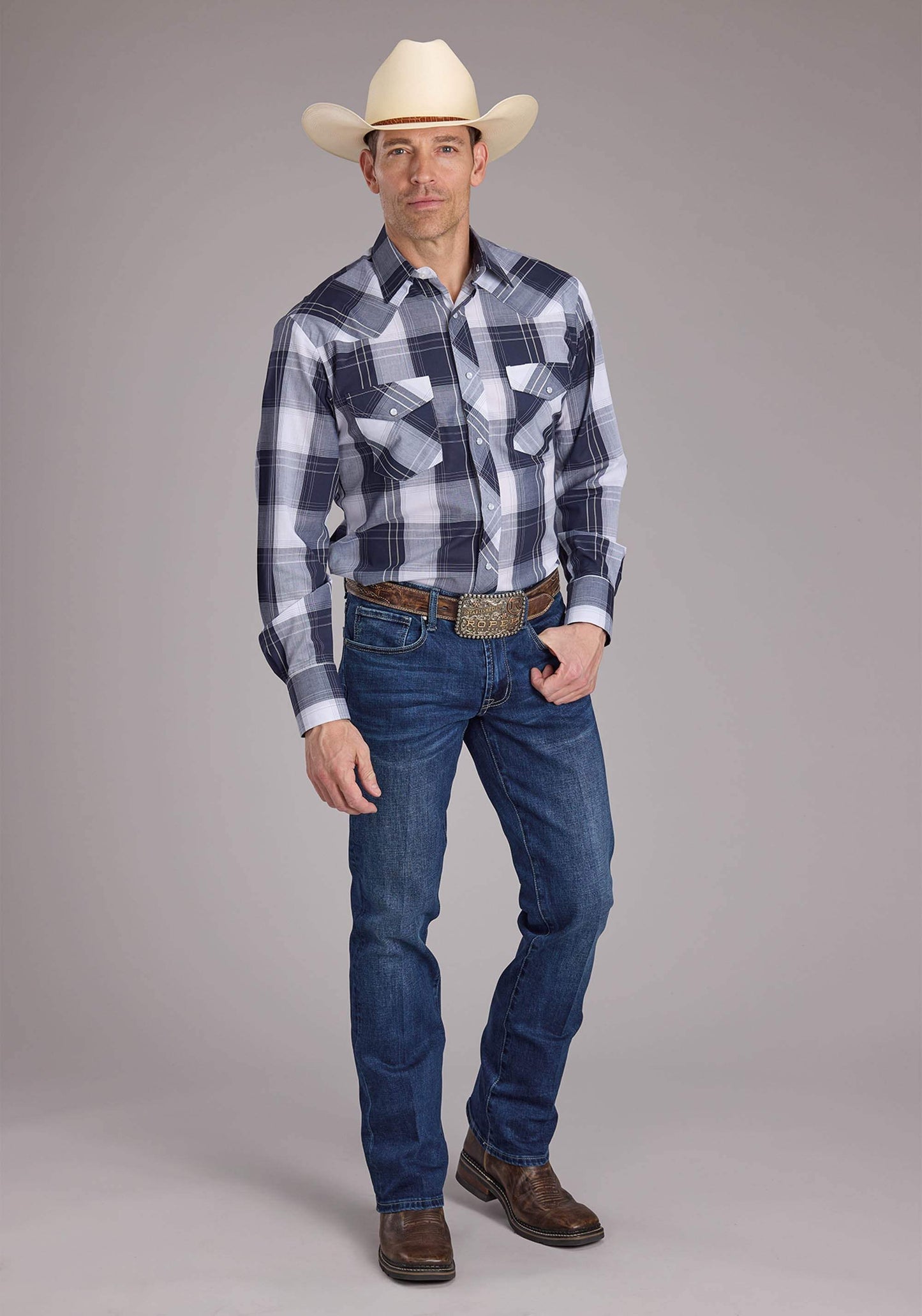 Roper Mens Navy And White Windowpane Plaid Long Sleeve Snap Western Shirt - Roper - Flyclothing LLC