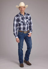 Roper Mens Navy And White Windowpane Plaid Long Sleeve Snap Western Shirt - Roper - Flyclothing LLC