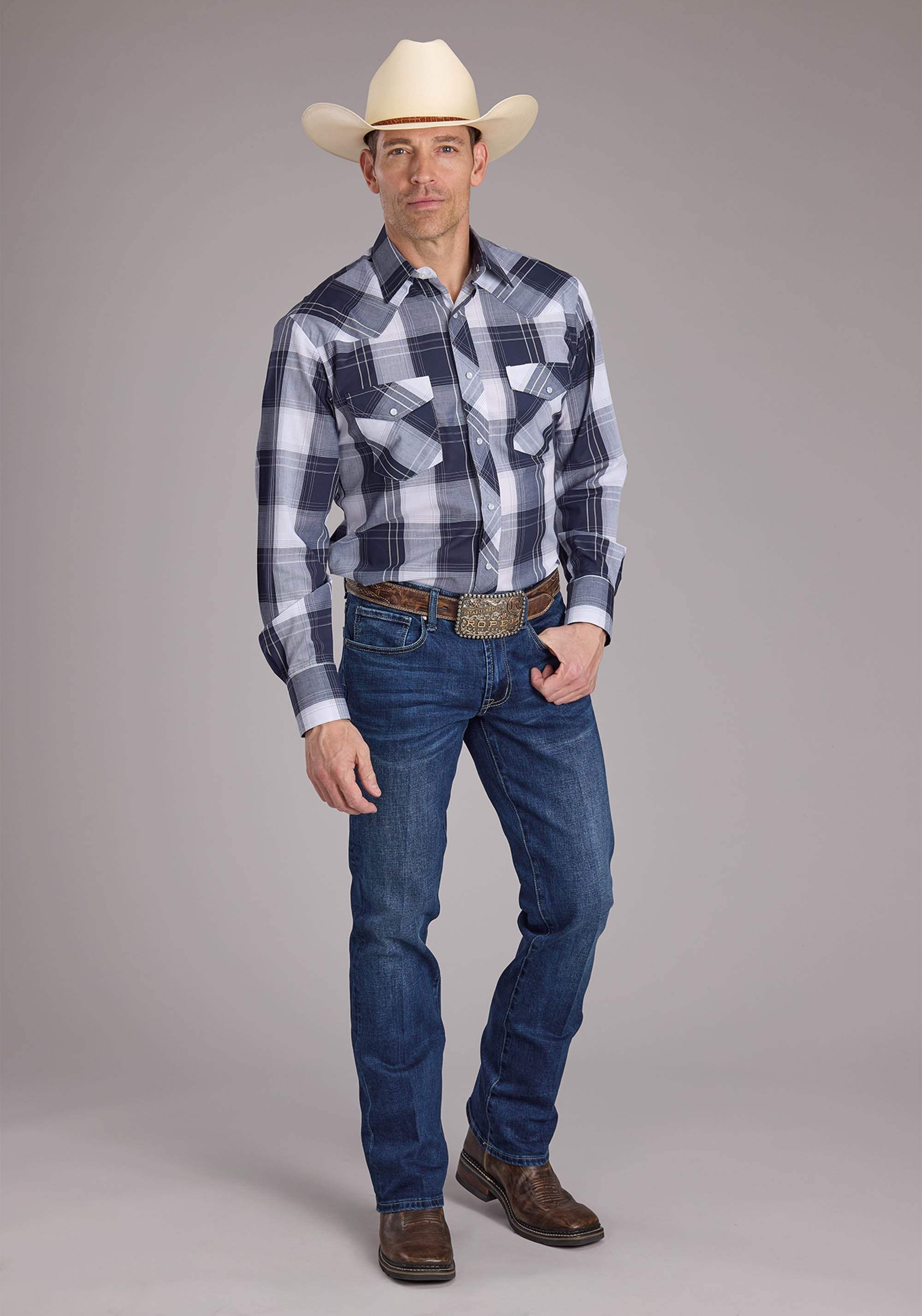Roper Mens Navy And White Windowpane Plaid Long Sleeve Snap Western Shirt - Roper - Flyclothing LLC