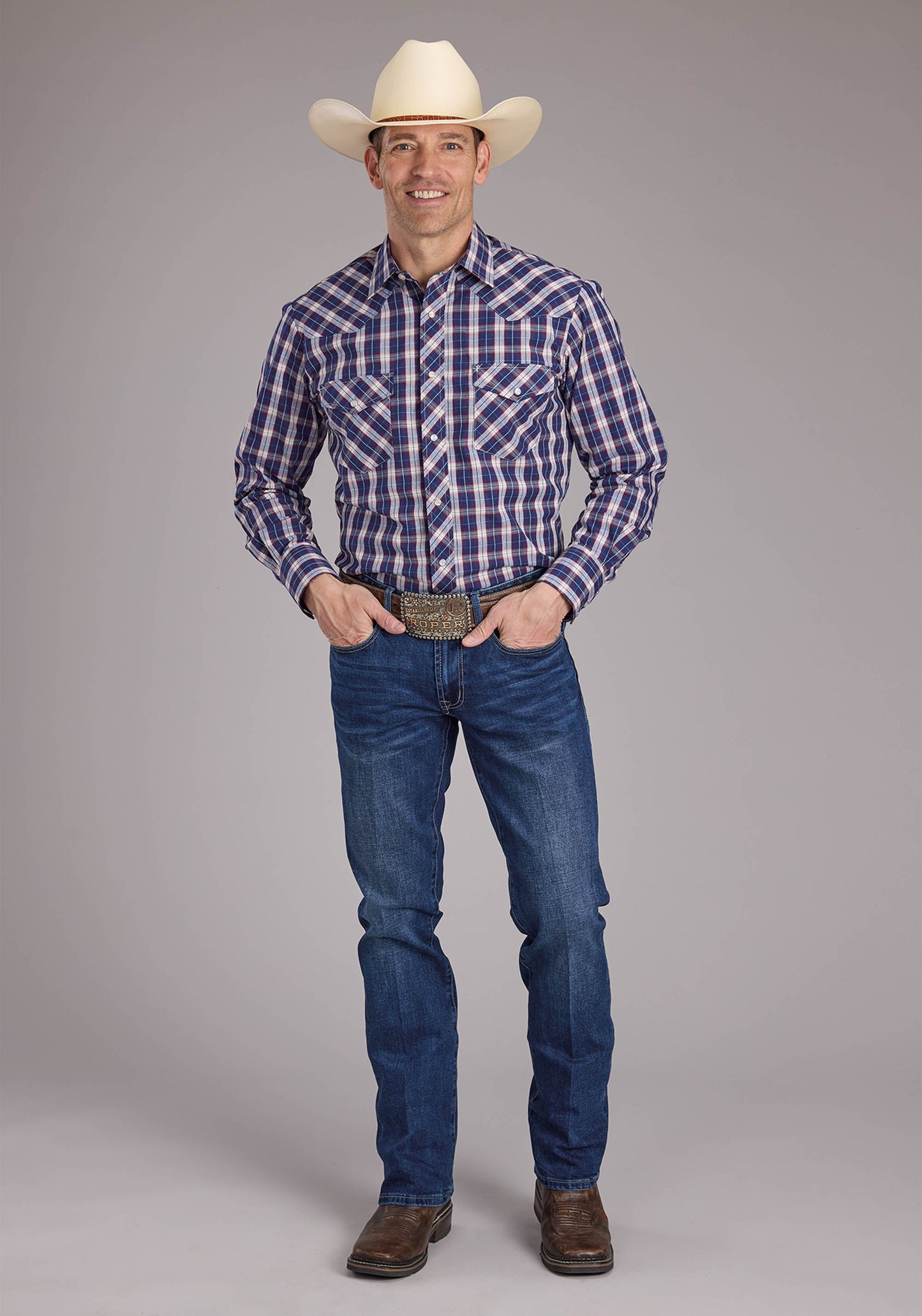 Roper Mens Blue Multi Plaid Long Sleeve Snap Western Shirt