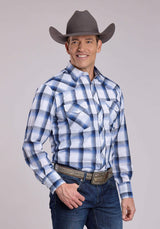Mens Roper Black Blue White Plaid Long Sleeve Snap Shirt - Roper - Flyclothing LLC