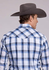 Mens Roper Black Blue White Plaid Long Sleeve Snap Shirt - Roper - Flyclothing LLC