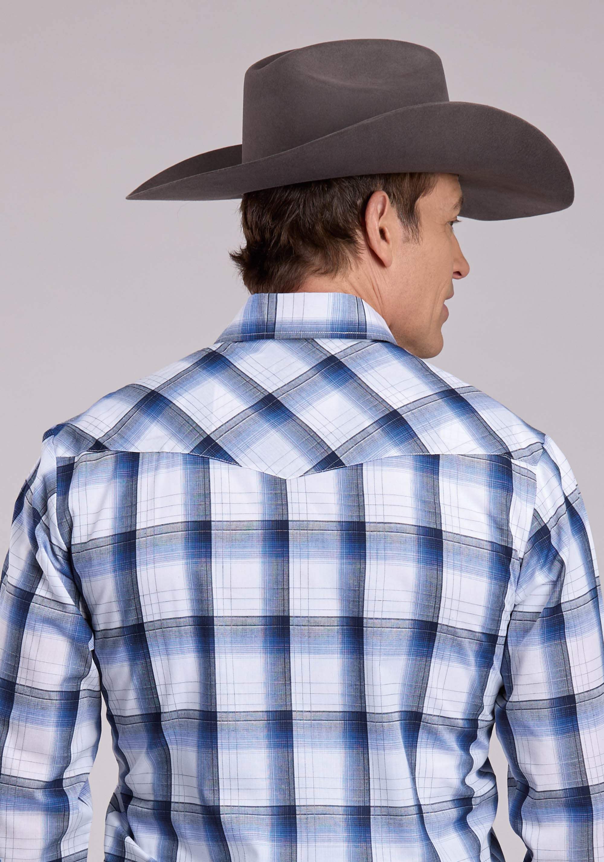 Mens Roper Black Blue White Plaid Long Sleeve Snap Shirt - Roper - Flyclothing LLC