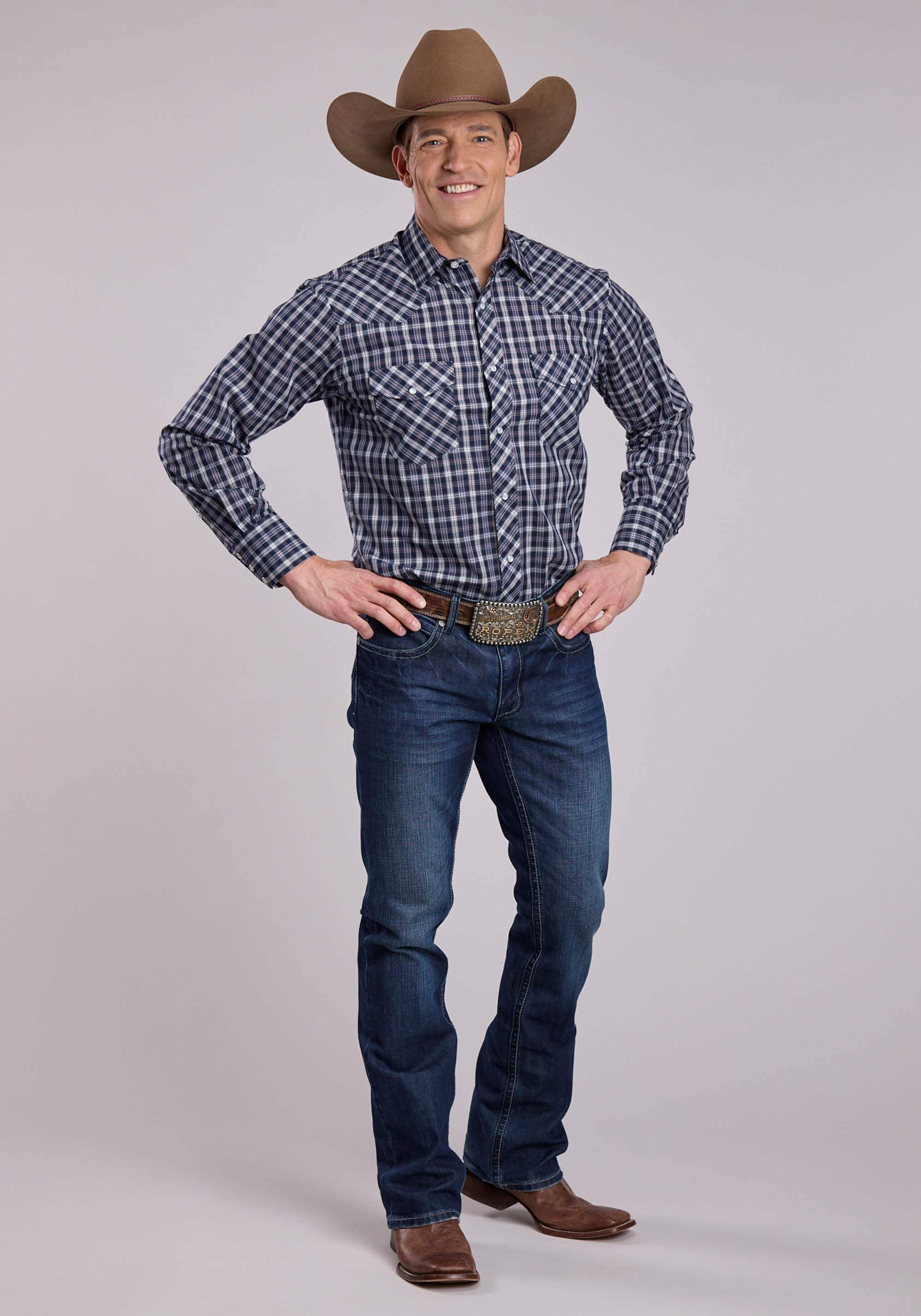Mens Roper Navy Plaid Long Sleeve Snap Shirt - Roper - Flyclothing LLC