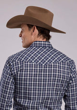 Mens Roper Navy Plaid Long Sleeve Snap Shirt - Roper - Flyclothing LLC