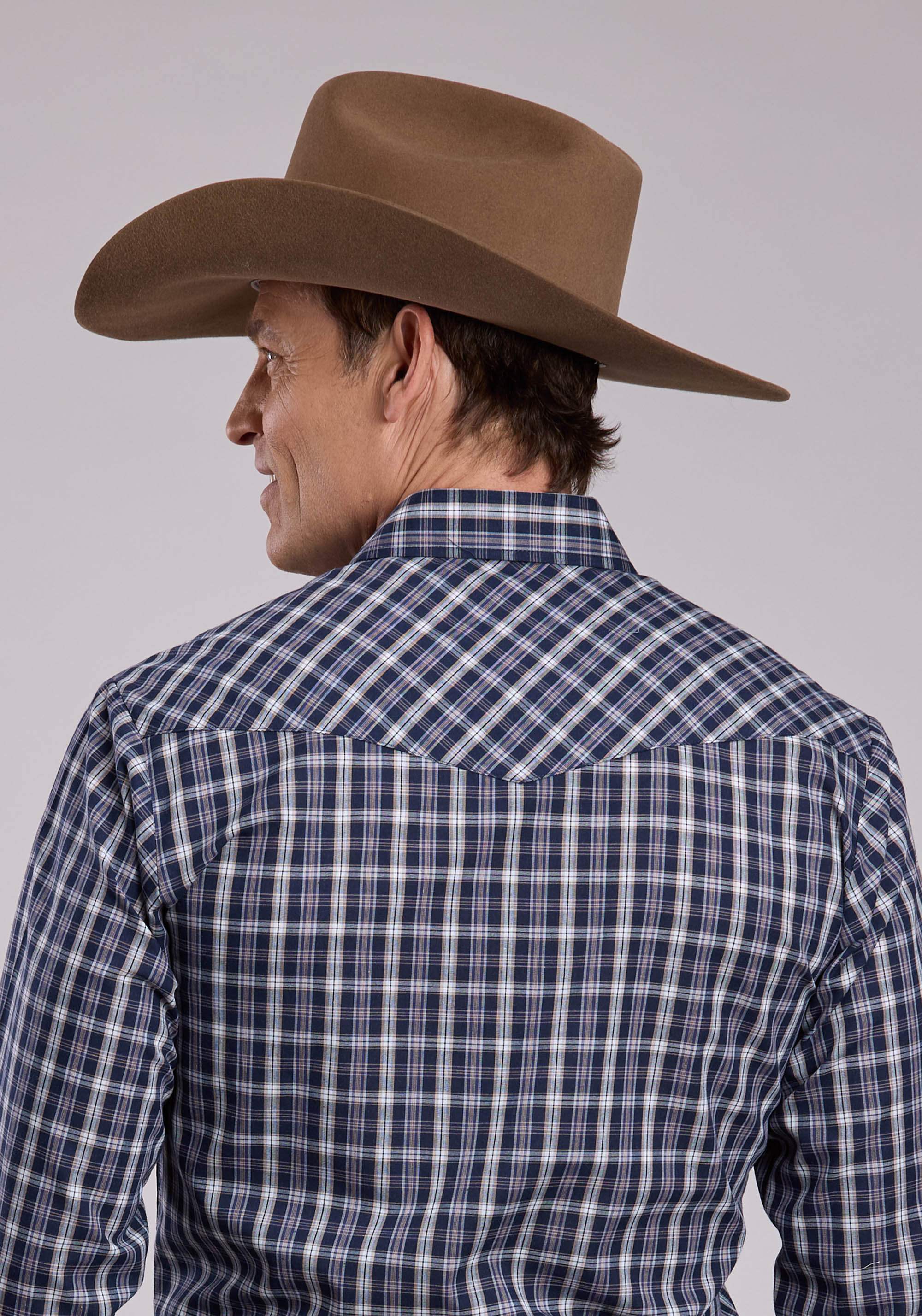 Mens Roper Navy Plaid Long Sleeve Snap Shirt - Roper - Flyclothing LLC