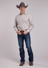 Mens Roper Cream  Orange Plaid Long Sleeve Snap Shirt