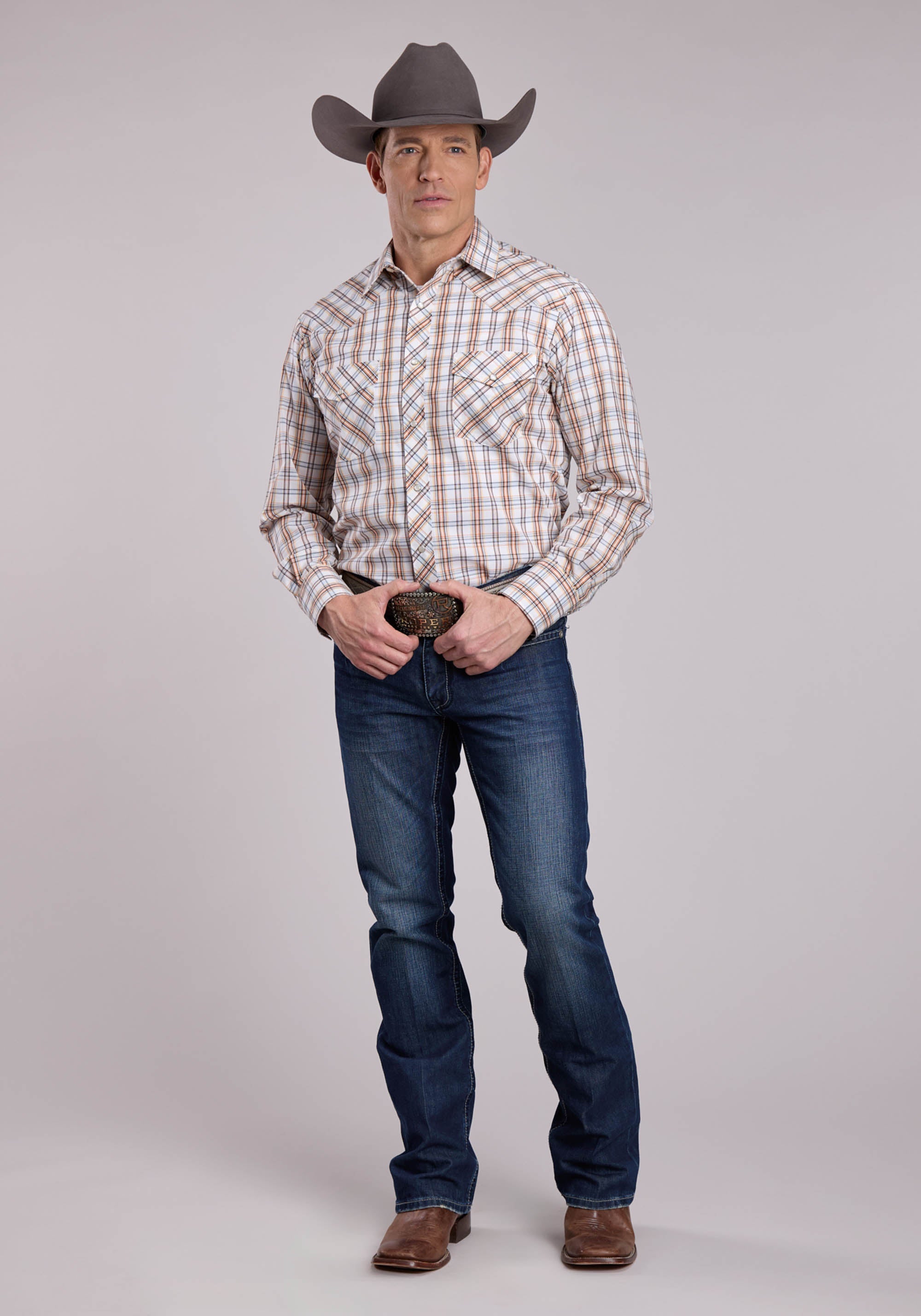 Mens Roper Cream  Orange Plaid Long Sleeve Snap Shirt