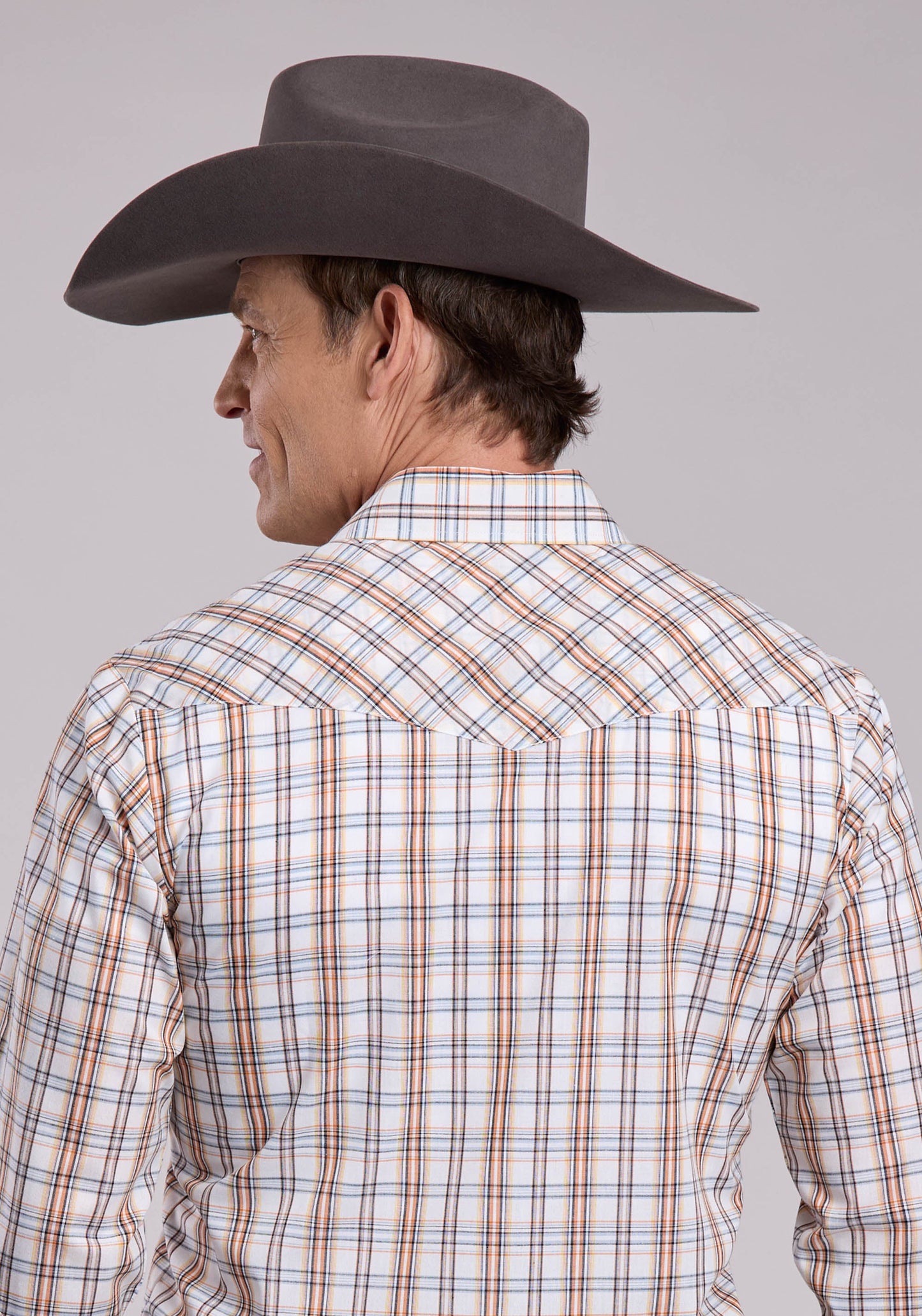 Mens Roper Cream  Orange Plaid Long Sleeve Snap Shirt