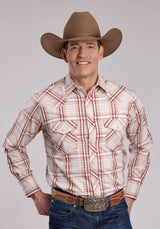 Mens Roper Cream Tan  Wine Plaid Long Sleeve Snap Shirt