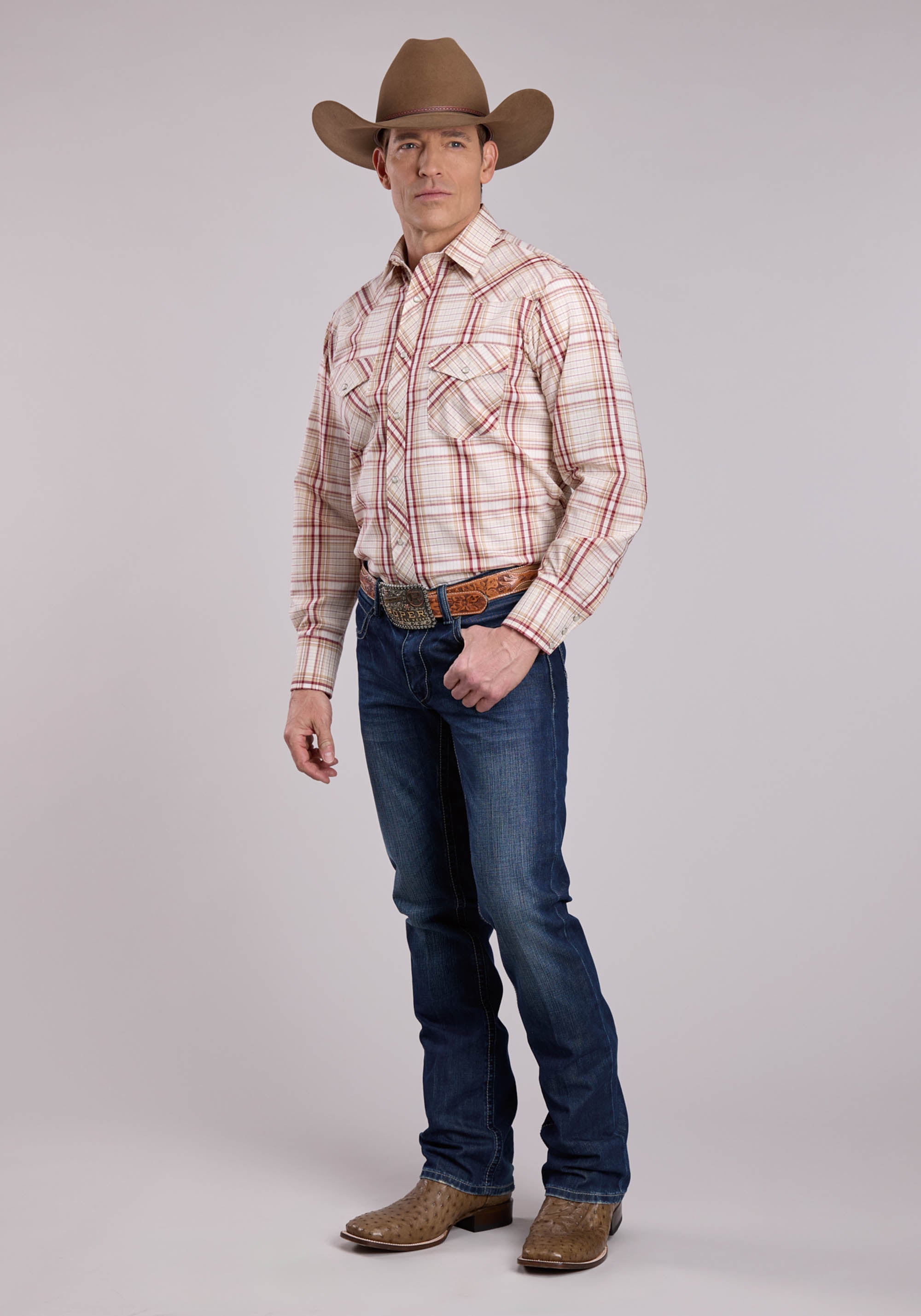 Mens Roper Cream Tan  Wine Plaid Long Sleeve Snap Shirt