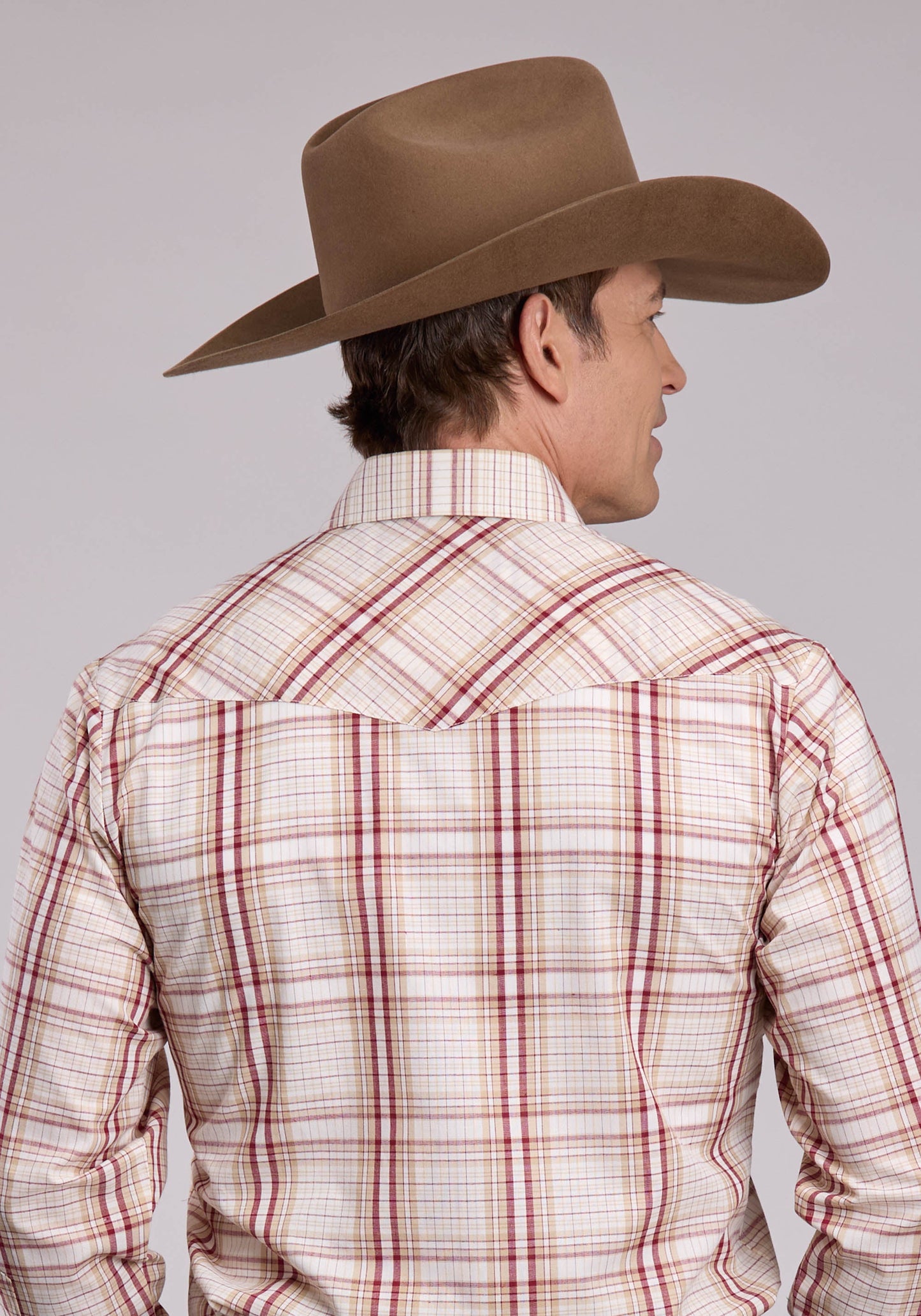 Mens Roper Cream Tan  Wine Plaid Long Sleeve Snap Shirt