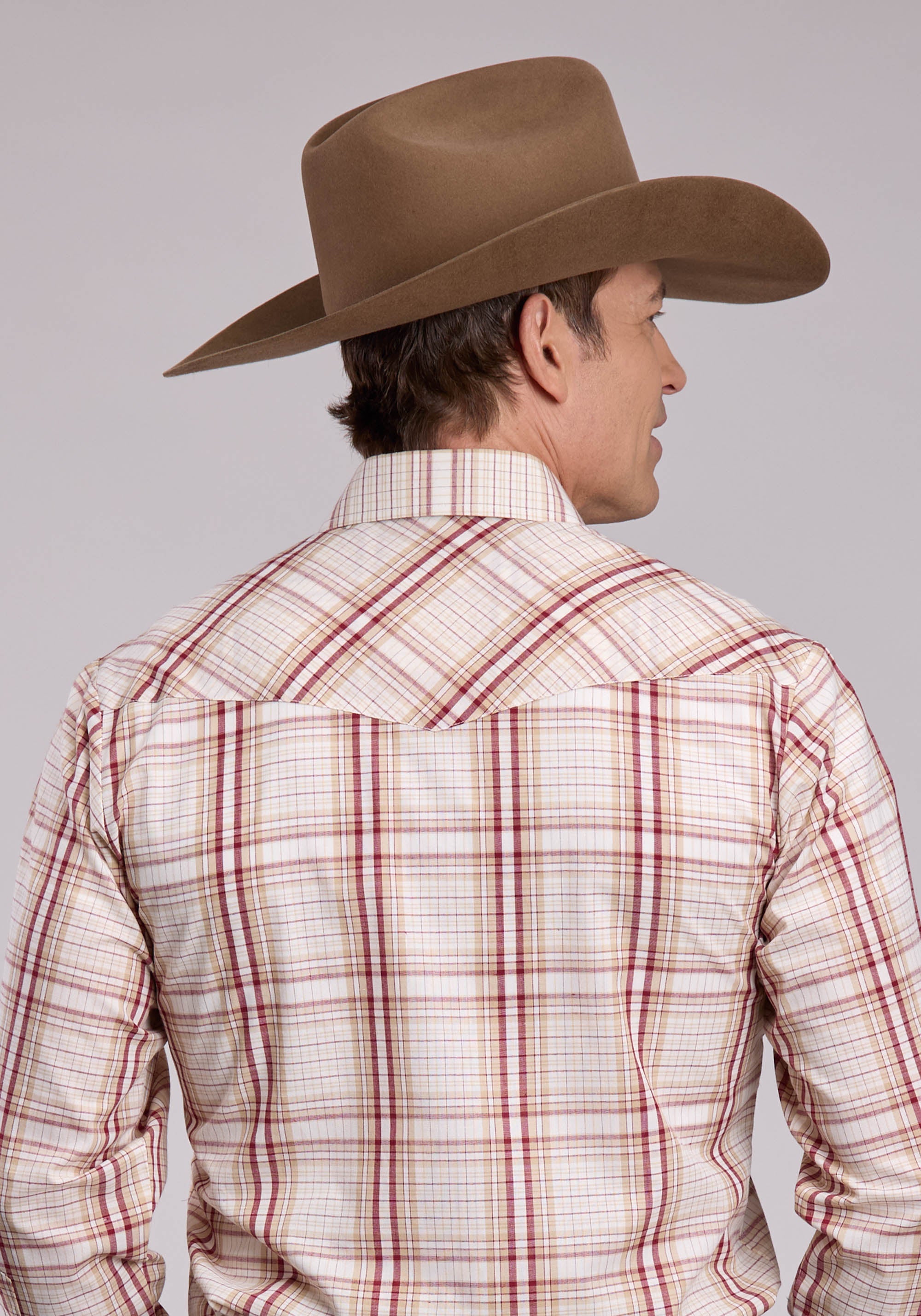 Mens Roper Cream Tan  Wine Plaid Long Sleeve Snap Shirt
