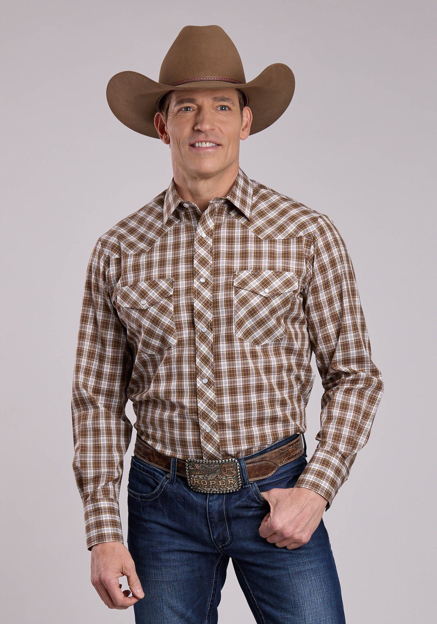 Mens Roper Brown Plaid Long Sleeve Snap Shirt