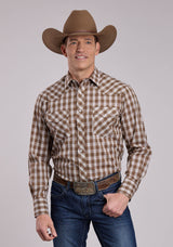 Mens Roper Brown Plaid Long Sleeve Snap Shirt