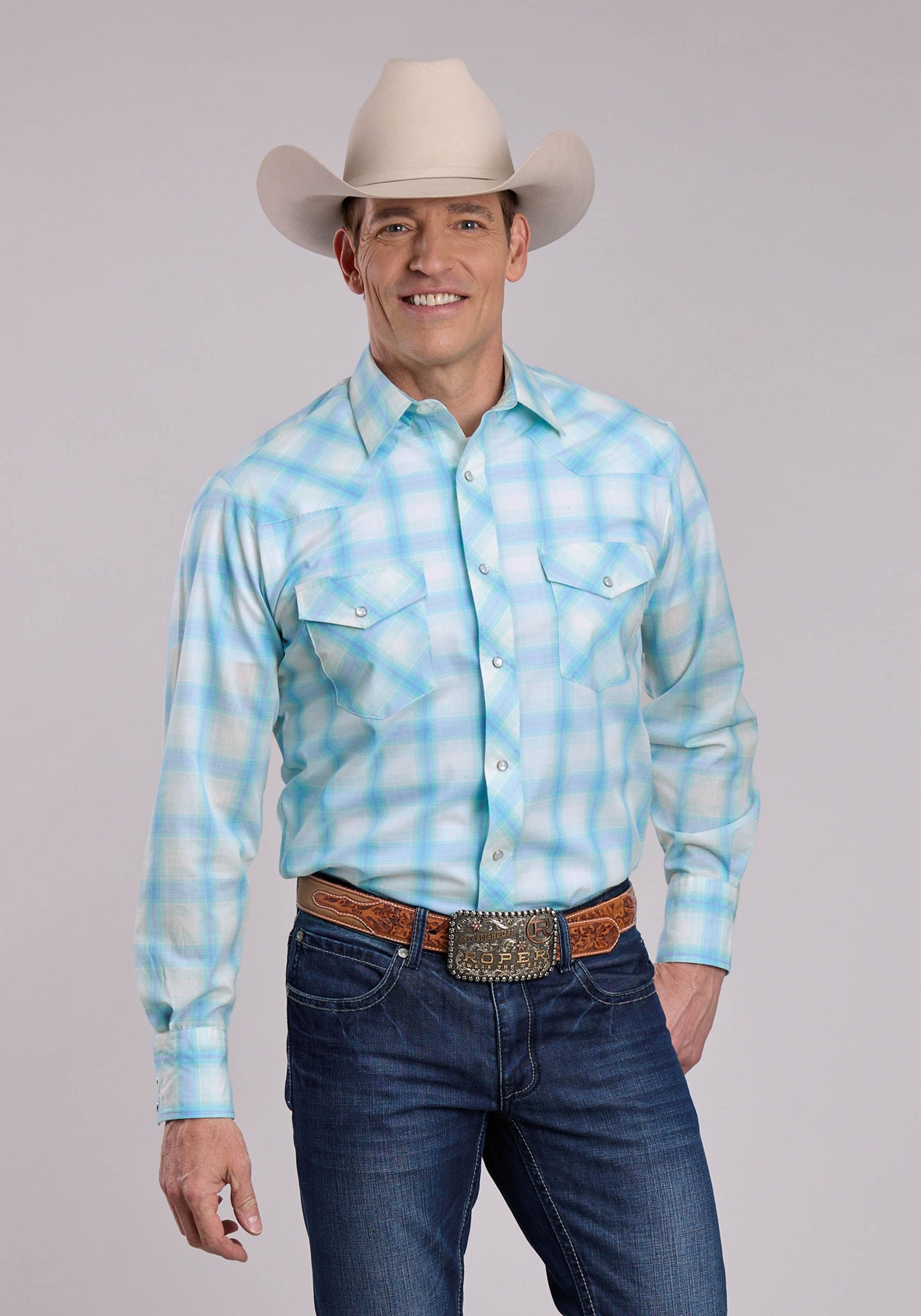 Mens Roper Cyan Plaid Long Sleeve Snap Shirt