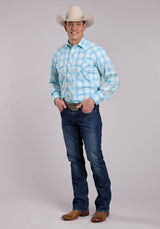 Mens Roper Cyan Plaid Long Sleeve Snap Shirt