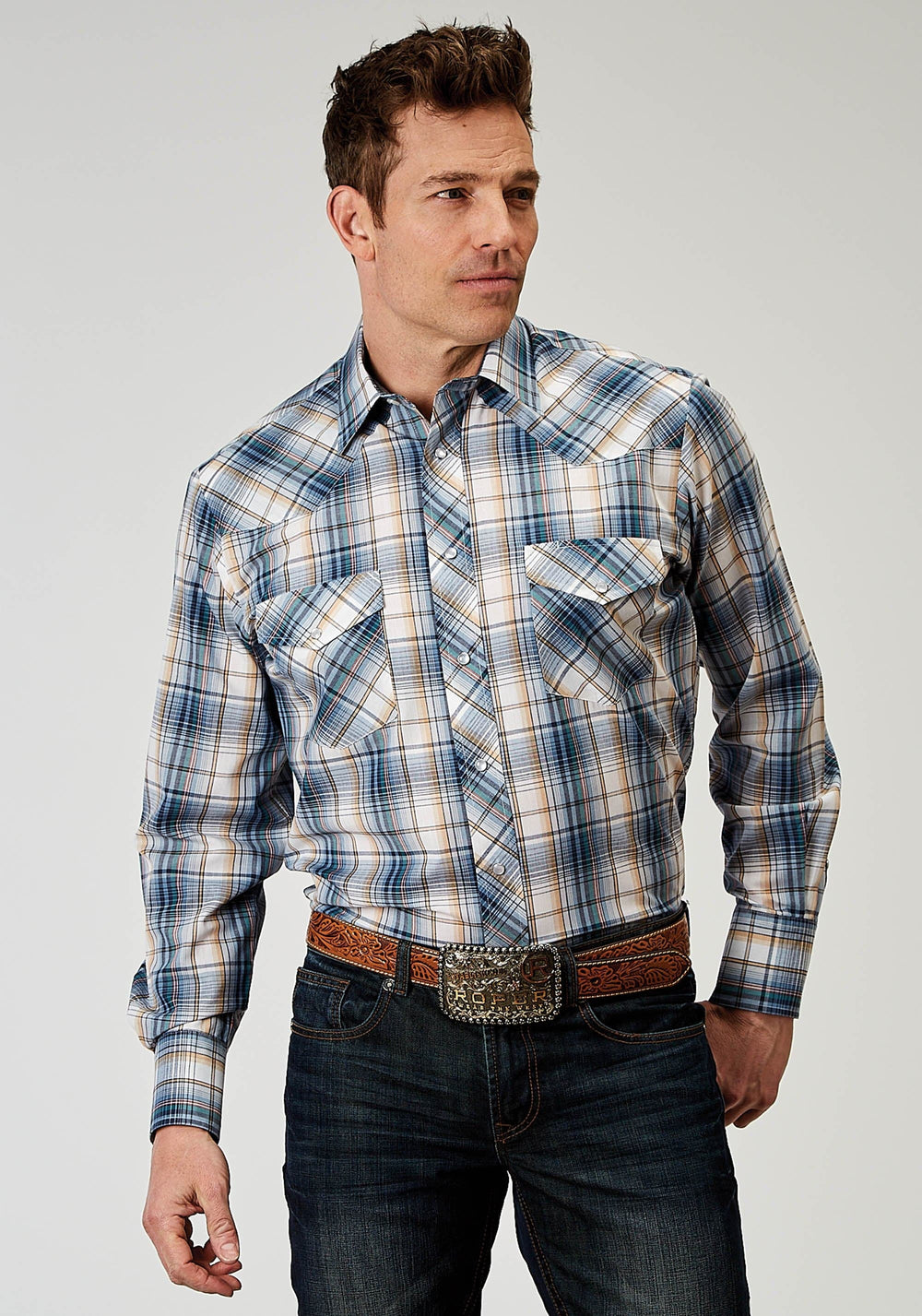 Roper Mens Long Sleeve Snap Madras Plaid Western Shirt - Roper