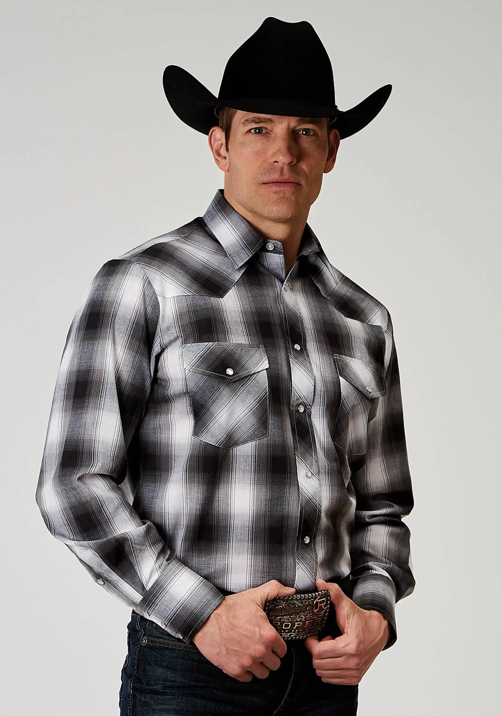 Roper Mens Long Sleeve Snap Black And White Plaid Western Shirt - Roper