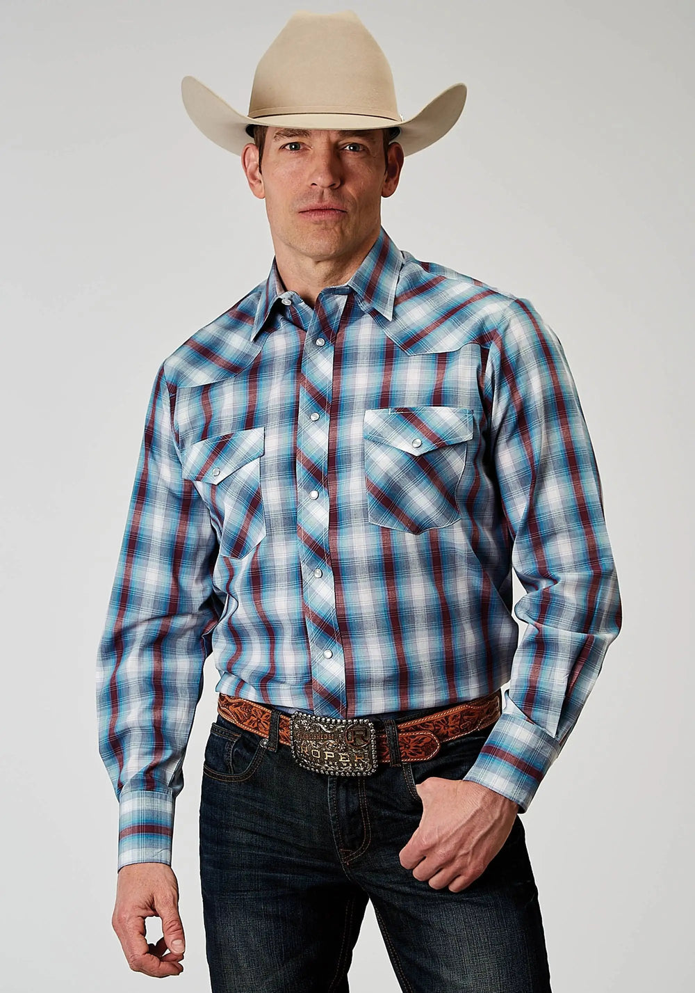 Roper Mens Long Sleeve Snap Americana Plaid Western Shirt - Roper