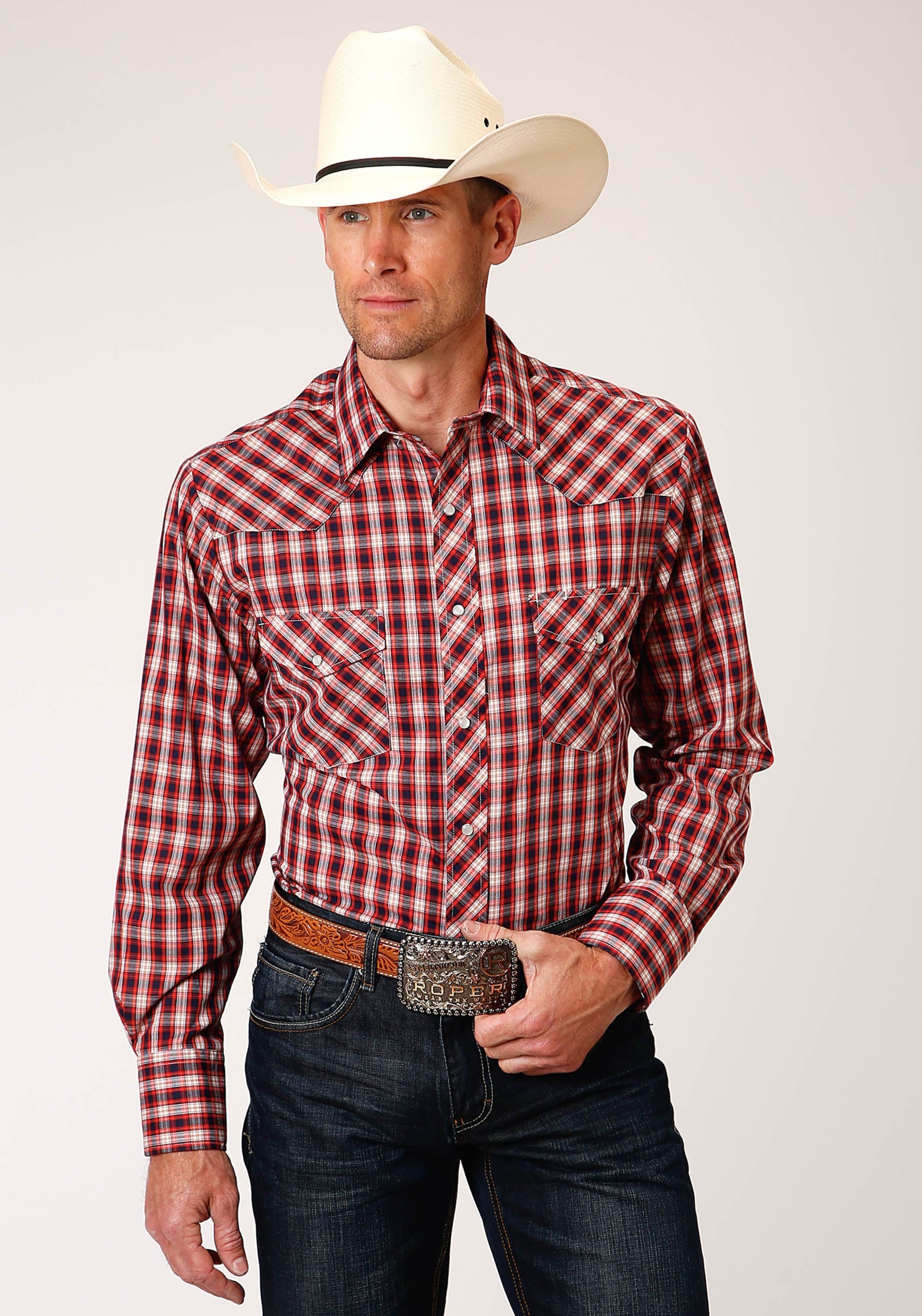 Roper Mens Long Sleeve Snap Red Navy Cream Small Scale Plaid Western Shirt - Roper