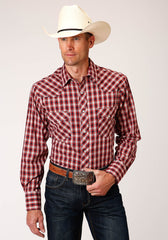 Roper Mens Long Sleeve Snap Red Navy Cream Small Scale Plaid Western Shirt - Roper