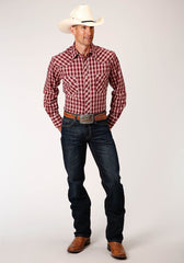 Roper Mens Long Sleeve Snap Red Navy Cream Small Scale Plaid Western Shirt - Roper