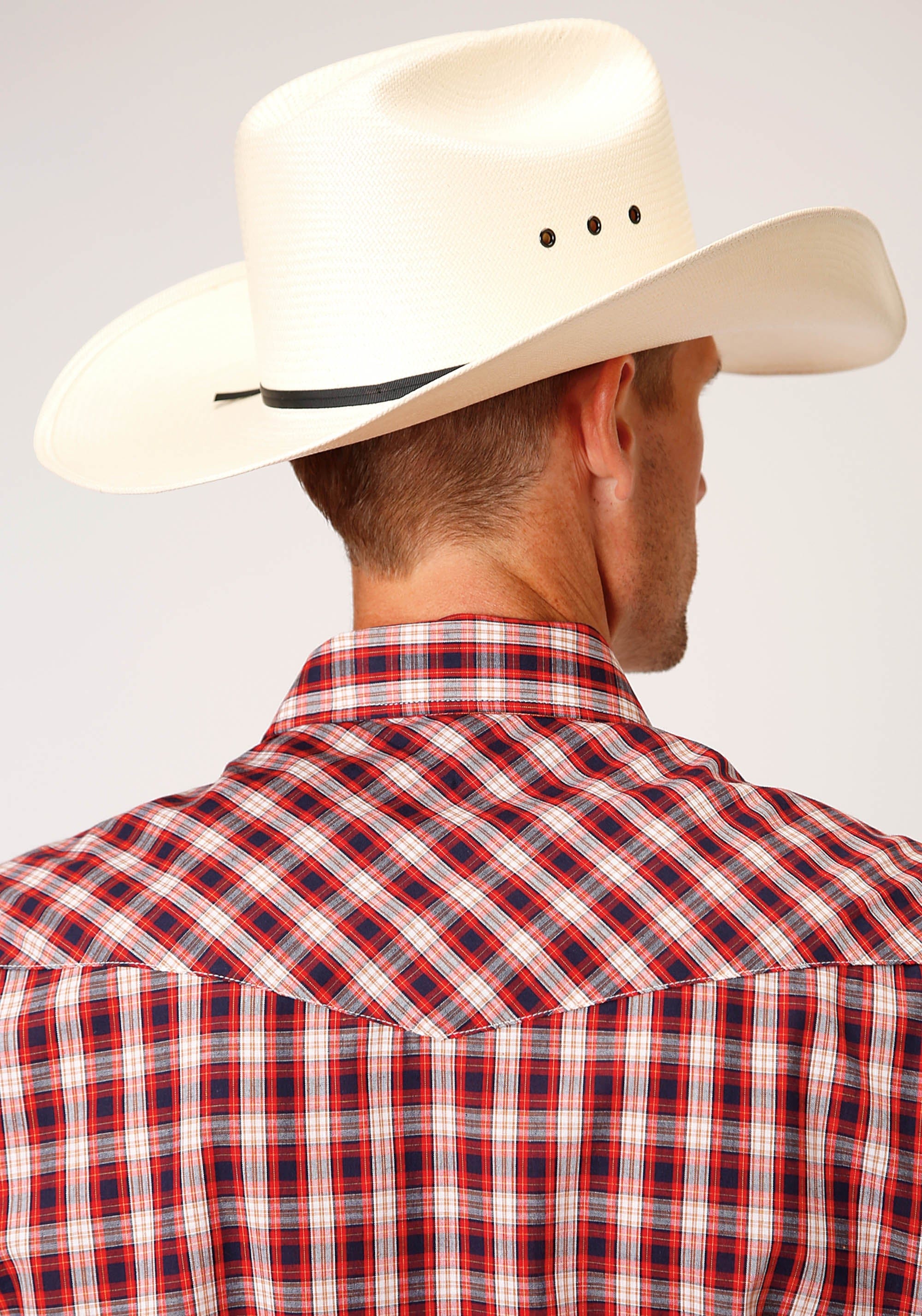 Roper Mens Long Sleeve Snap Red Navy Cream Small Scale Plaid Western Shirt - Roper