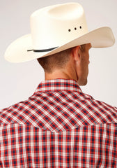 Roper Mens Long Sleeve Snap Red Navy Cream Small Scale Plaid Western Shirt - Roper
