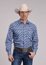 Mens Roper Multi Blue  White Plaid Long Sleeve Snap Shirt