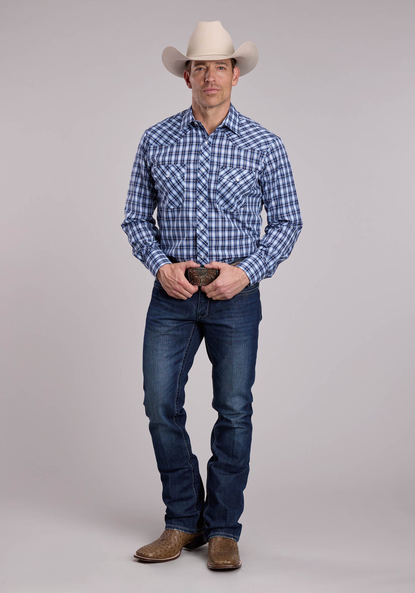 Mens Roper Multi Blue  White Plaid Long Sleeve Snap Shirt