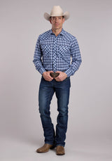 Mens Roper Multi Blue  White Plaid Long Sleeve Snap Shirt