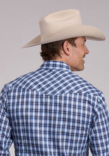 Mens Roper Multi Blue  White Plaid Long Sleeve Snap Shirt