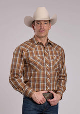 Mens Roper Brown Sage Green Plaid Long Sleeve Snap Shirt - Roper - Flyclothing LLC