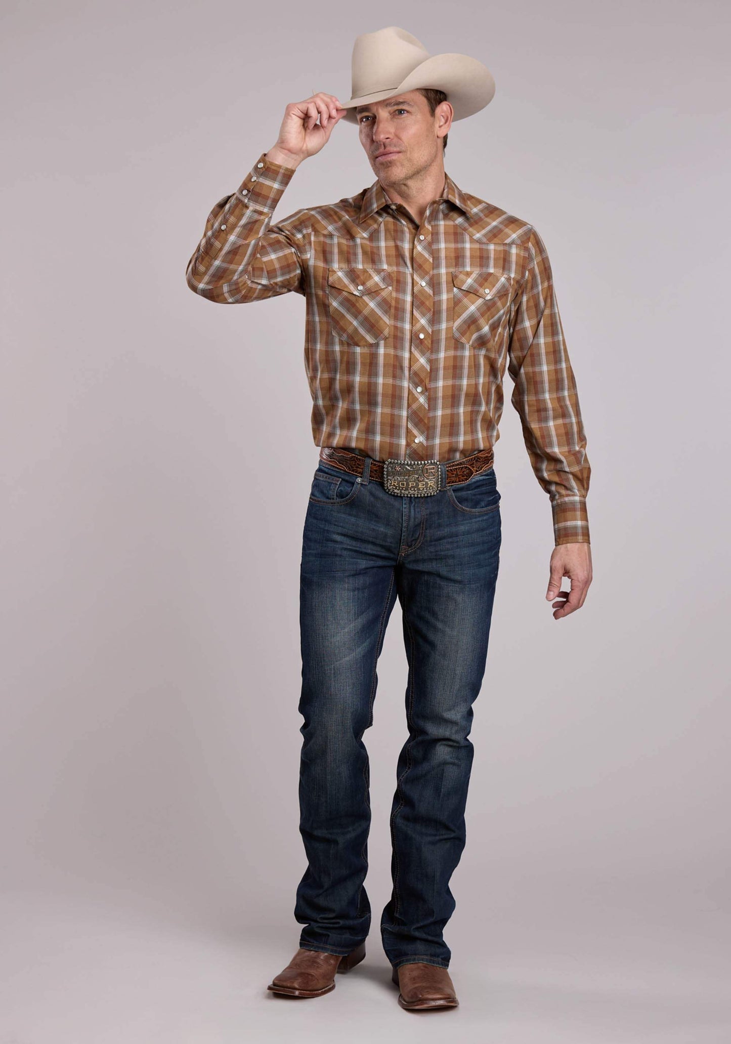 Mens Roper Brown Sage Green Plaid Long Sleeve Snap Shirt - Roper - Flyclothing LLC