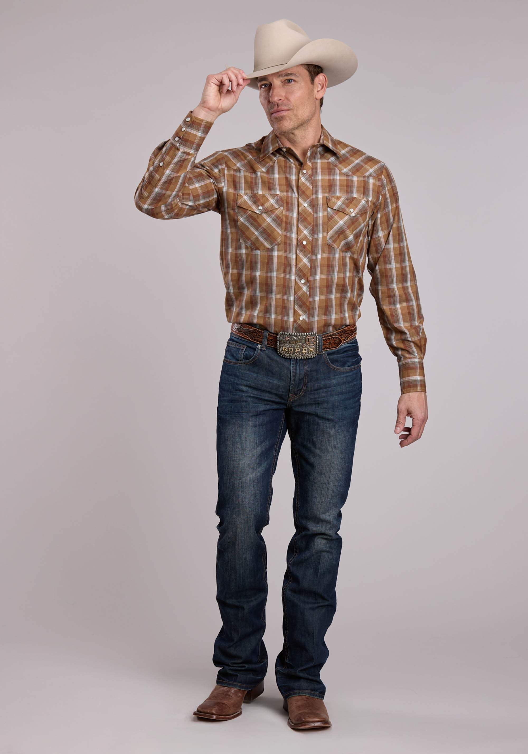Mens Roper Brown Sage Green Plaid Long Sleeve Snap Shirt - Roper - Flyclothing LLC